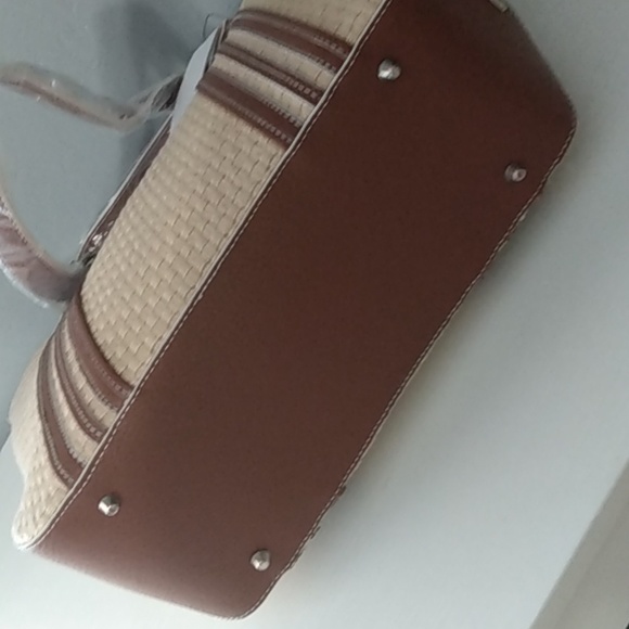 Maxx New York Woven Shoulder Bag with Matching Wristlet | Tan & Brown Vinyl Trim - Picture 7 of 15